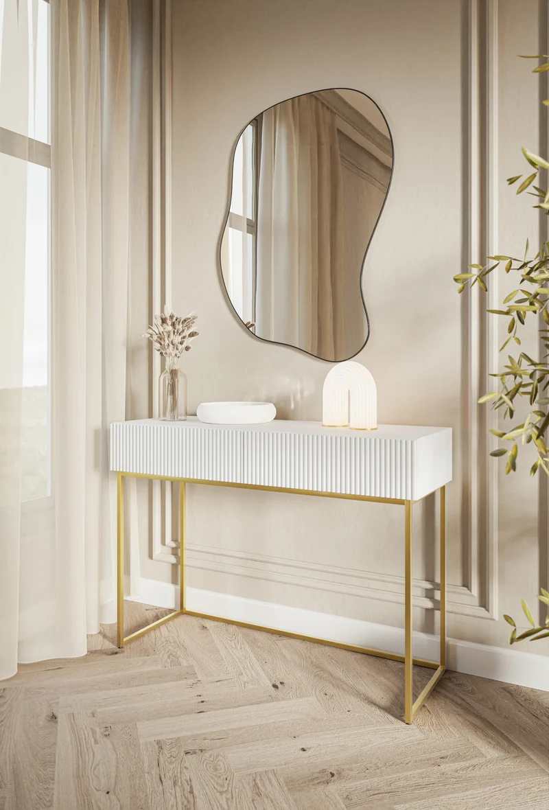 Schminktisch Veldio mit gefräster Front und zwei Schubladen, 110 cm, grau-beige mit goldenen Beinen