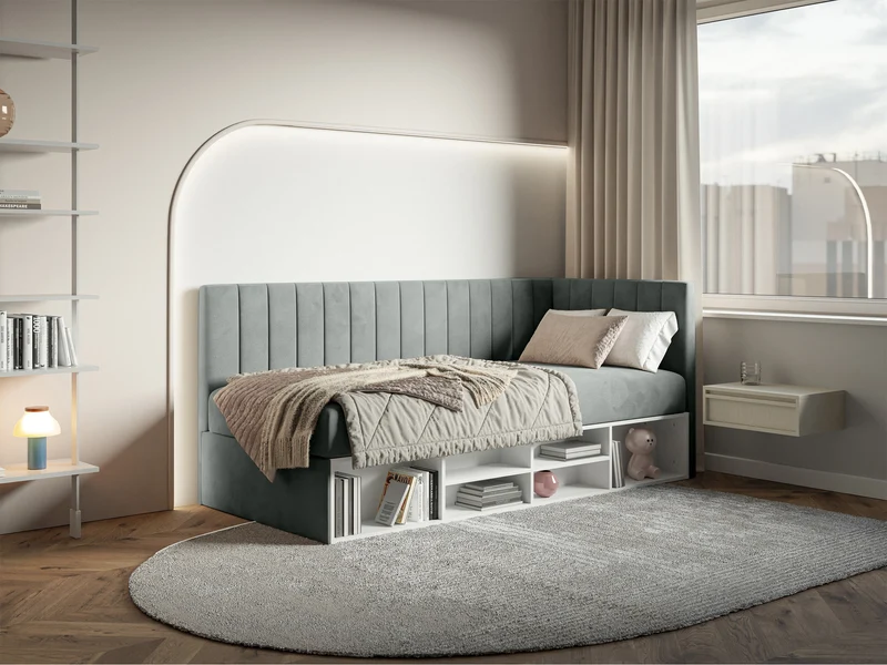Jugendbett 90x200 cm Ventrio rechtsseitig mit Stauraum und Regalen, grauer Velours, wasserabweisend und leicht zu reinigen