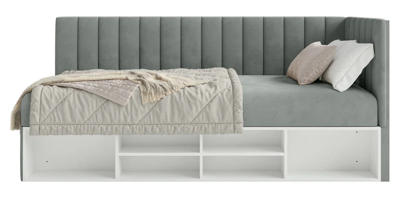 Jugendbett 90x200 cm Ventrio rechtsseitig mit Stauraum und Regalen, grauer Velours, wasserabweisend und leicht zu reinigen