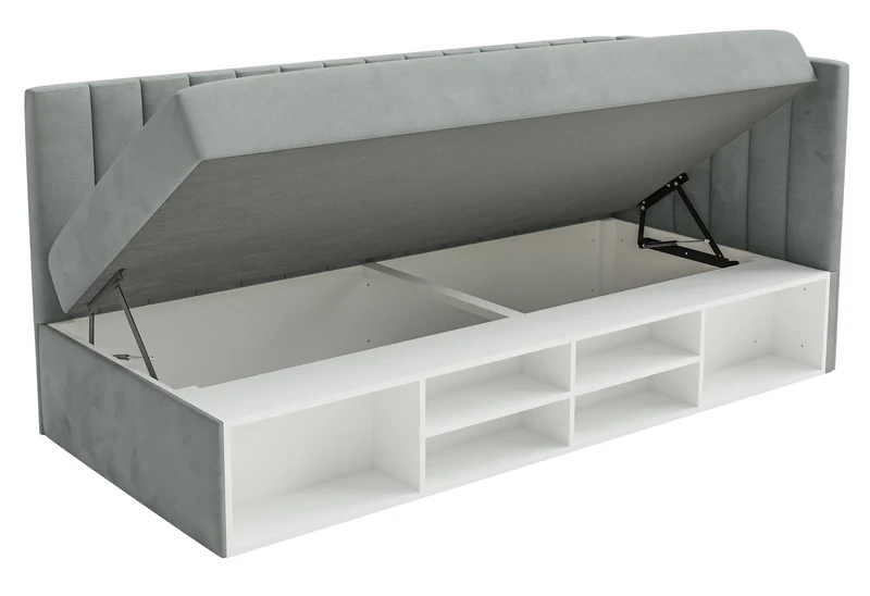 Jugendbett 90x200 cm Ventrio rechtsseitig mit Stauraum und Regalen, grauer Velours, wasserabweisend und leicht zu reinigen