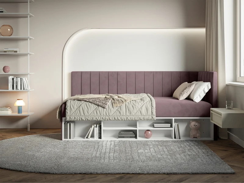 Jugendbett 90x200 cm Ventrio rechtsseitig mit Stauraum und Regalen, violetter Velours, hydrophob und leicht zu reinigen