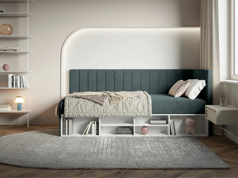 Jugendbett 90x200 cm Ventrio rechtsseitig mit Stauraum und Regalen, blau-grauer Velours, wasserabweisend und pflegeleicht