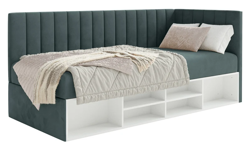 Jugendbett 90x200 cm Ventrio rechtsseitig mit Stauraum und Regalen, blau-grauer Velours, wasserabweisend und pflegeleicht
