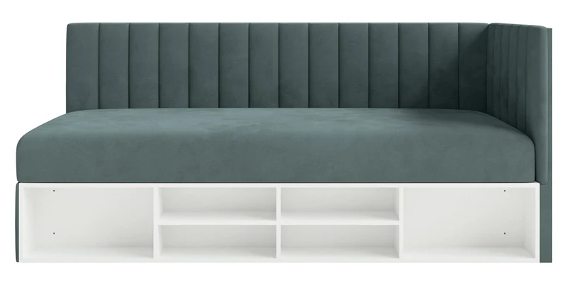 Jugendbett 90x200 cm Ventrio rechtsseitig mit Stauraum und Regalen, blau-grauer Velours, wasserabweisend und pflegeleicht