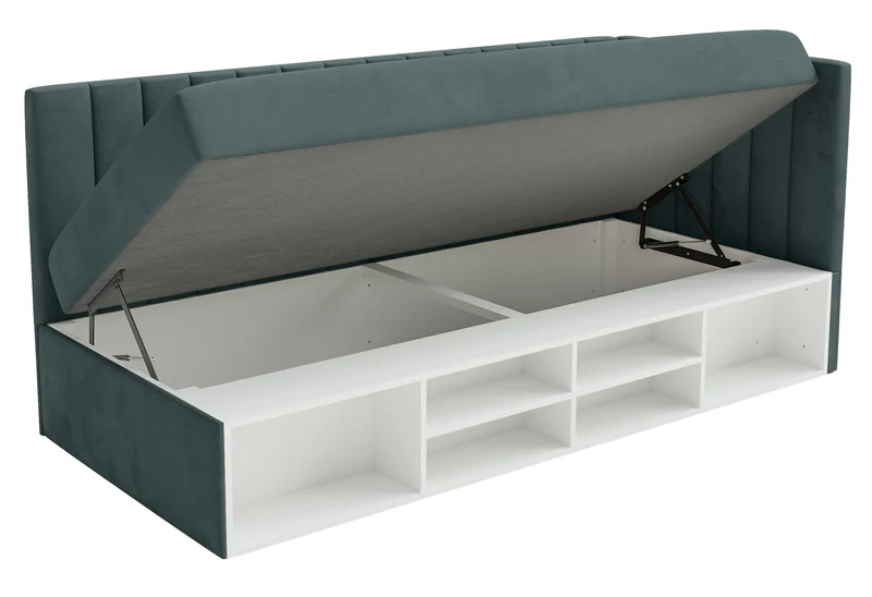 Jugendbett 90x200 cm Ventrio rechtsseitig mit Stauraum und Regalen, blau-grauer Velours, wasserabweisend und pflegeleicht