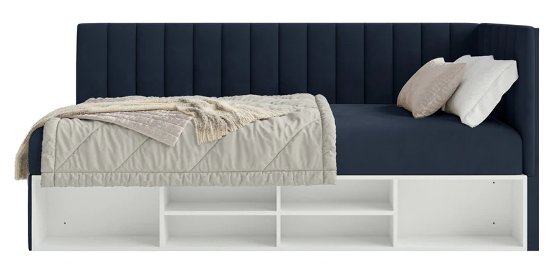 Jugendbett 90x200 cm Ventrio rechtsseitig mit Stauraum und Regalen, marineblauer Velours, hydrophob und pflegeleicht