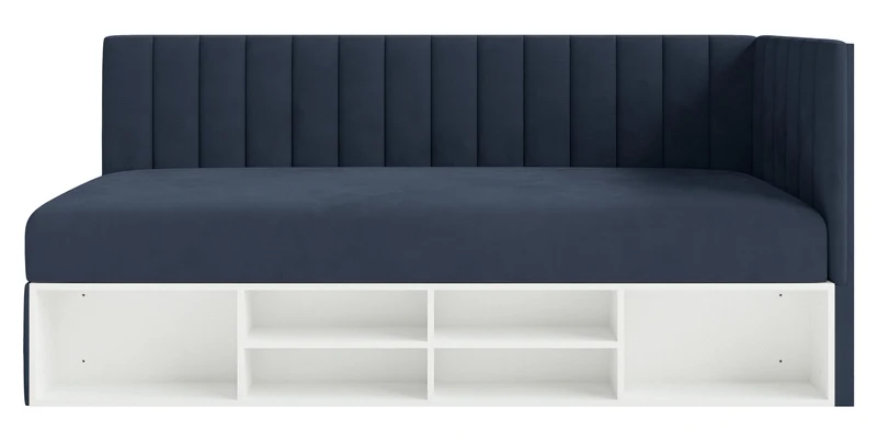Jugendbett 90x200 cm Ventrio rechtsseitig mit Stauraum und Regalen, marineblauer Velours, hydrophob und pflegeleicht