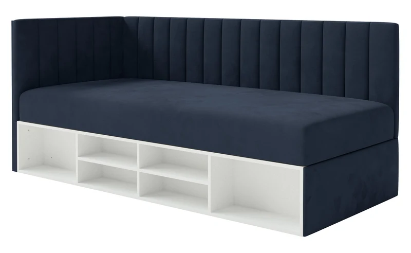 Jugendbett 90x200 cm Ventrio linksseitig mit Stauraum und Regalen, marineblauer Velours, wasserabweisend und pflegeleicht