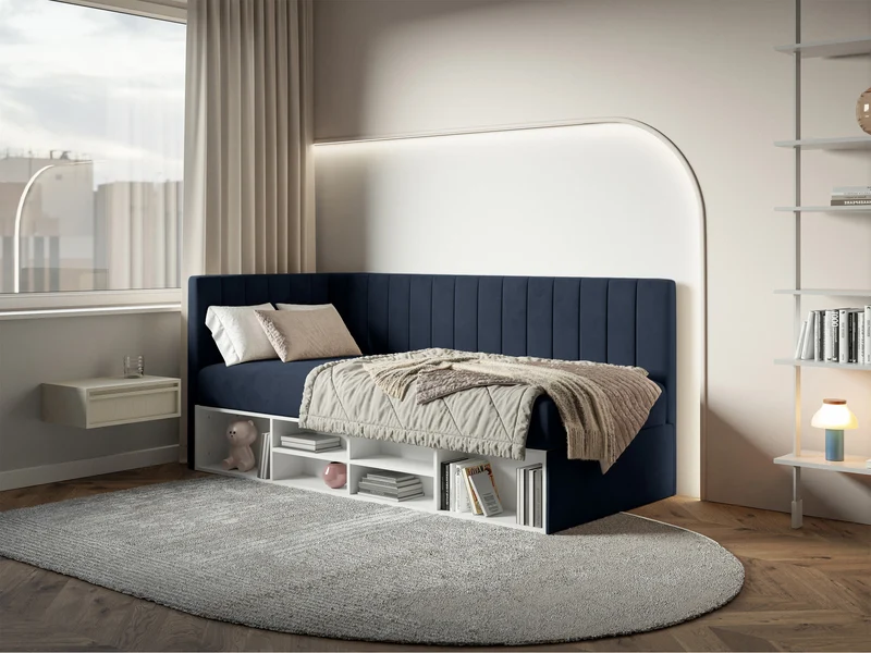 Jugendbett 90x200 cm Ventrio linksseitig mit Stauraum und Regalen, marineblauer Velours, wasserabweisend und pflegeleicht