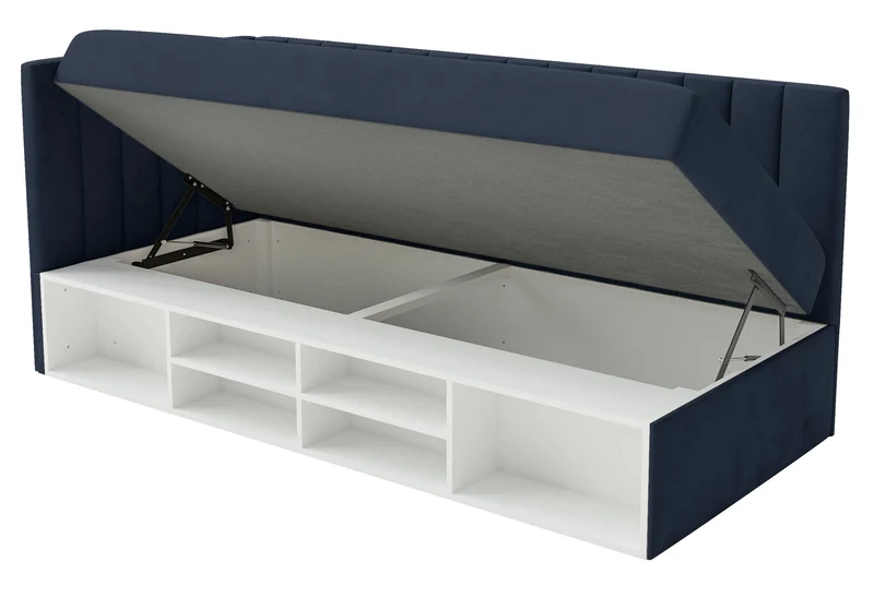 Jugendbett 90x200 cm Ventrio linksseitig mit Stauraum und Regalen, marineblauer Velours, wasserabweisend und pflegeleicht