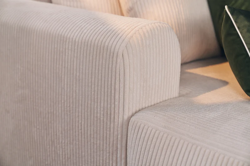 Ecksofa mit Schlaffunktion Ovo Cord, L-förmig, rechtsseitig, mit Stauraum, weißer Cordstoff