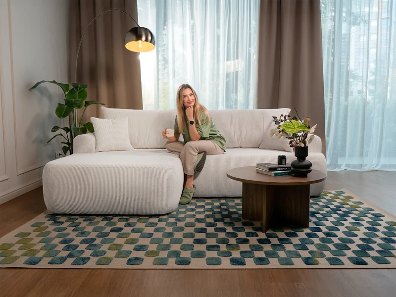 Ecksofa mit Schlaffunktion Ovo Cord, L-förmig, linksseitig, mit Stauraum, weißer Cordstoff