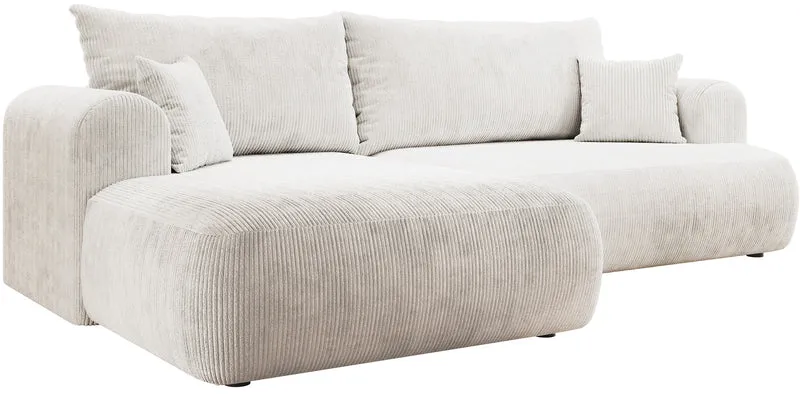 Ecksofa mit Schlaffunktion Ovo Cord, L-förmig, linksseitig, mit Stauraum, weißer Cordstoff