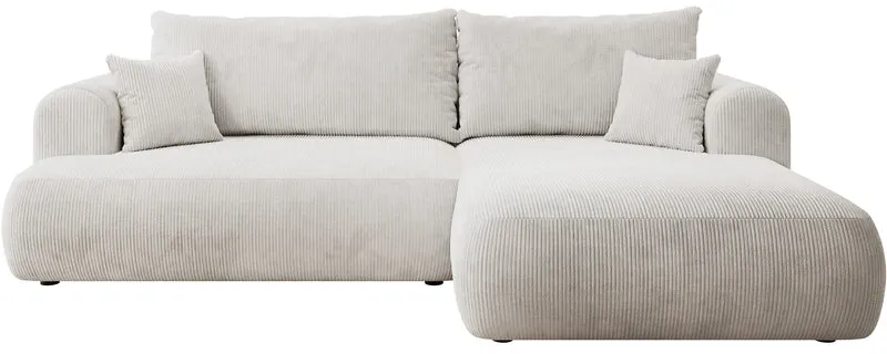 Ecksofa mit Schlaffunktion Ovo Cord, L-förmig, rechtsseitig, mit Stauraum, weißer Cordstoff