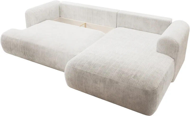 Ecksofa mit Schlaffunktion Ovo Cord, L-förmig, rechtsseitig, mit Stauraum, weißer Cordstoff