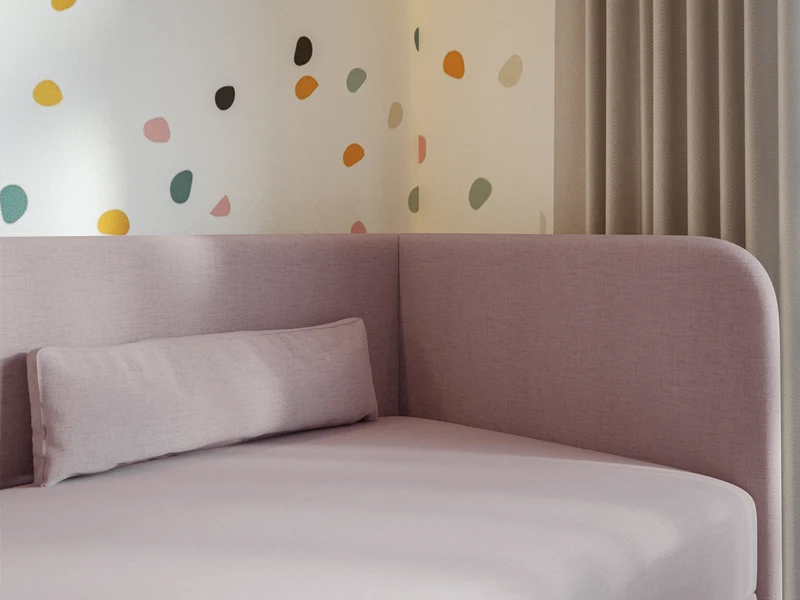 Jugendbett 90x200 cm Calmmo rechtsseitig mit Stauraum, rosa, hydrophobes Chenille