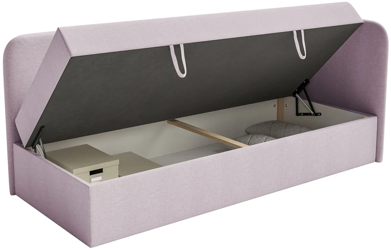 Jugendbett 90x200 cm Calmmo rechtsseitig mit Stauraum, rosa, hydrophobes Chenille