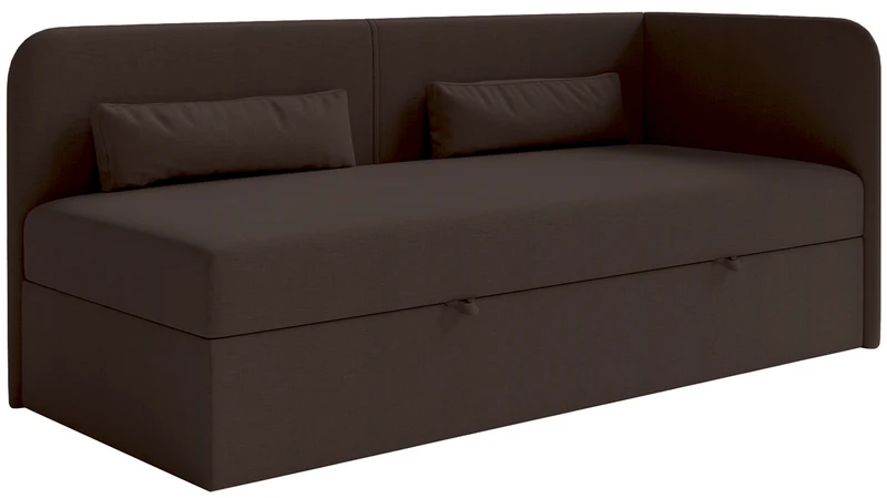 Jugendbett 90x200 cm Calmmo, rechtsseitig mit Stauraum, dunkelbrauner hydrophober Chenille-Bezug