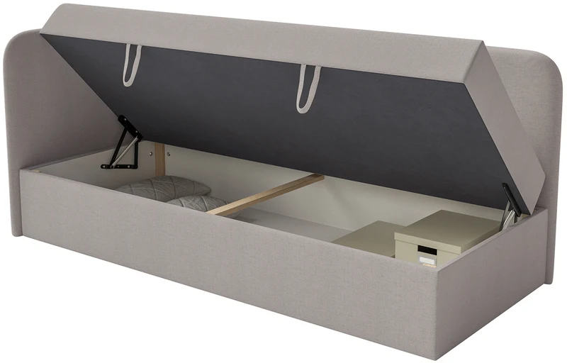 Jugendbett 90x200 cm Calmmo linksseitig mit Stauraum, dunkelbeige Chenille, wasserabweisend