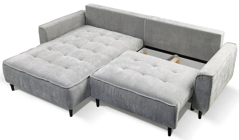Ecksofa mit Schlaffunktion Blues, L-förmig, linksseitig, mit Stauraum, grauer Cordstoff