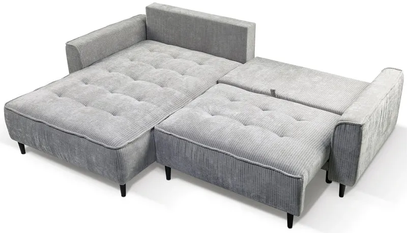 Ecksofa mit Schlaffunktion Blues, L-förmig, linksseitig, mit Stauraum, grauer Cordstoff