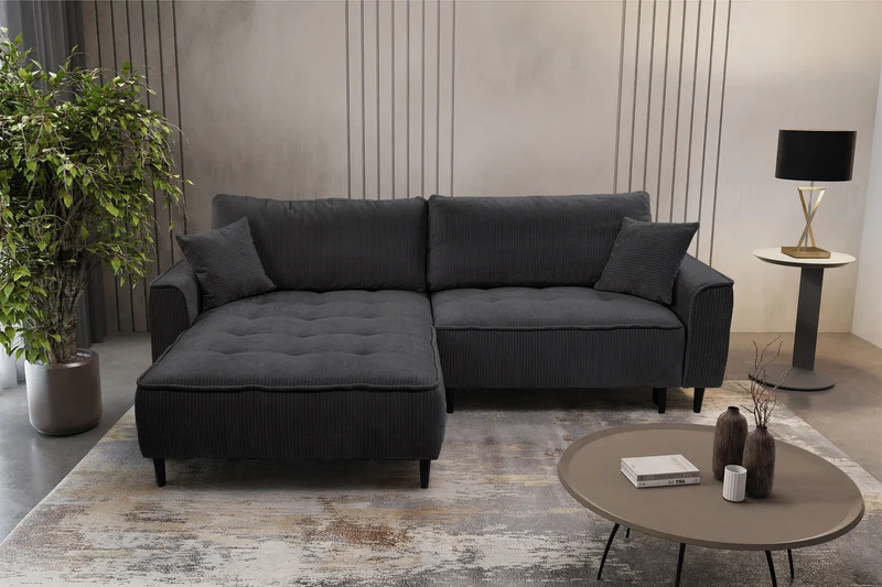 Ecksofa mit Schlaffunktion Blues, L-förmig, linksseitig, mit Stauraum, grafitfarbener Cordstoff