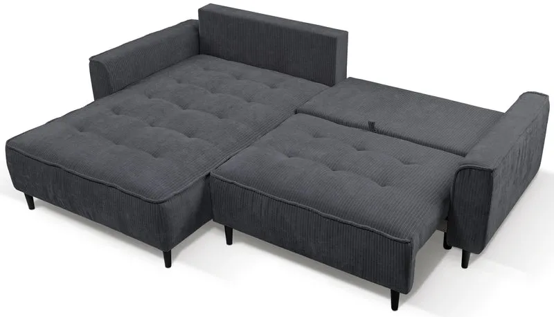 Ecksofa mit Schlaffunktion Blues, L-förmig, linksseitig, mit Stauraum, grafitfarbener Cordstoff