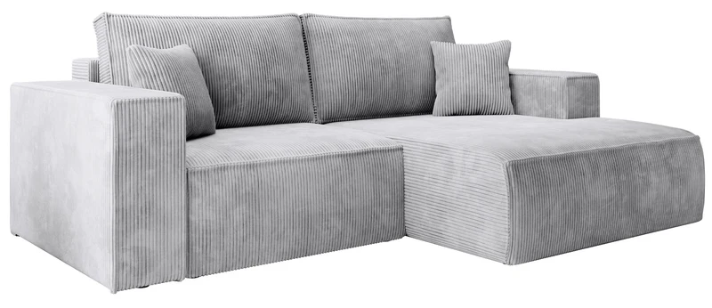 Ecksofa mit Schlaffunktion Farese Mini, L-förmig, rechtsseitig, mit Stauraum, hellgrauer Cordstoff