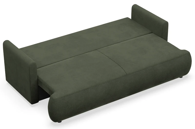 Dreisitziges ausklappbares Sofa Ovo Mini mit Stauraum, olivgrüner, pflegeleichter Samt