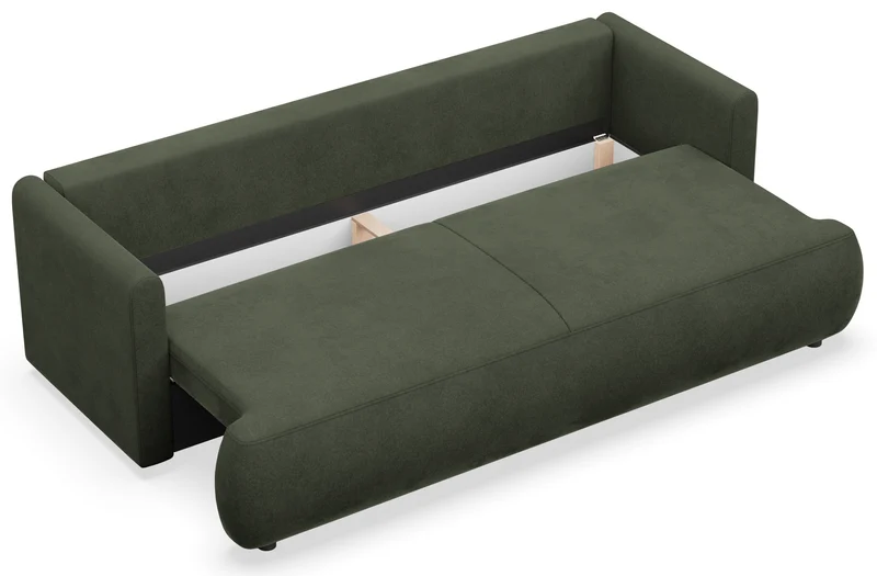 Dreisitziges ausklappbares Sofa Ovo Mini mit Stauraum, olivgrüner, pflegeleichter Samt