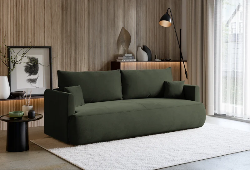 Dreisitziges ausklappbares Sofa Ovo Mini mit Stauraum, olivgrüner, pflegeleichter Samt