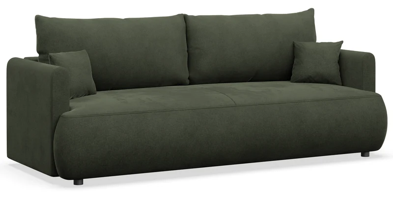 Dreisitziges ausklappbares Sofa Ovo Mini mit Stauraum, olivgrüner, pflegeleichter Samt