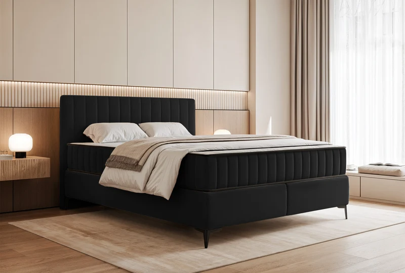 Kontinentalbett 160x200 cm Mufasso mit Stauraum, schwarzer hydrophober Samt