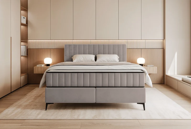 Kontinentalbett 180x200 cm Mufasso mit Stauraum, grau-beiger wasserabweisender Samt