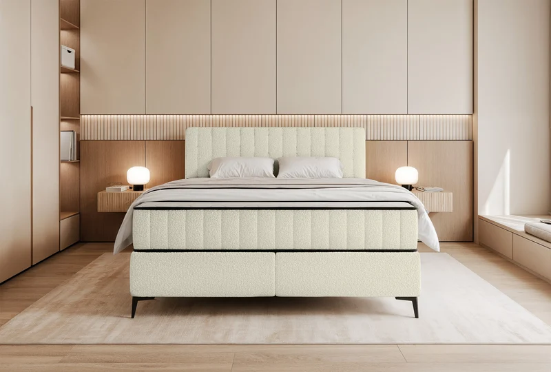 Kontinentales Bett 180x200 cm Mufasso mit Stauraum, cremefarbenes Bouclé