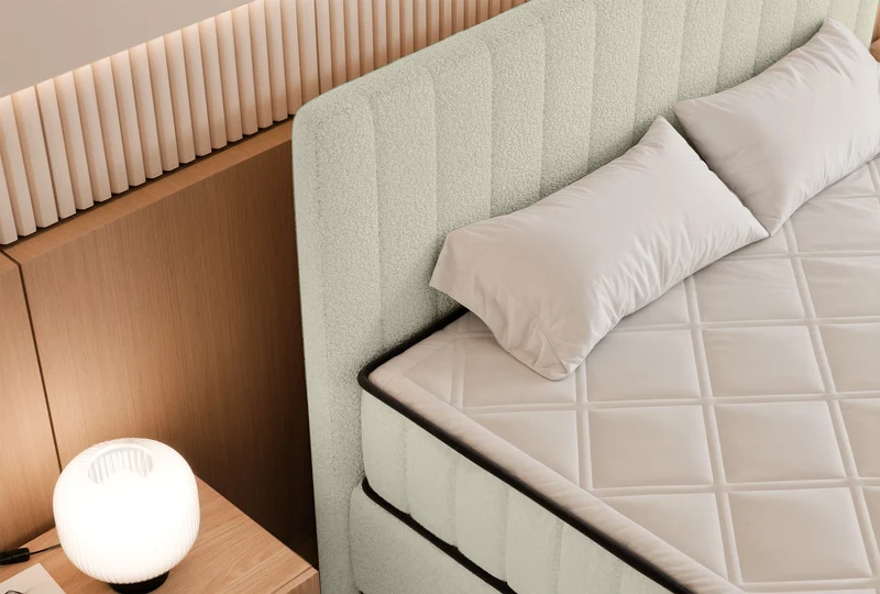 Kontinentales Bett 180x200 cm Mufasso mit Stauraum, cremefarbenes Bouclé
