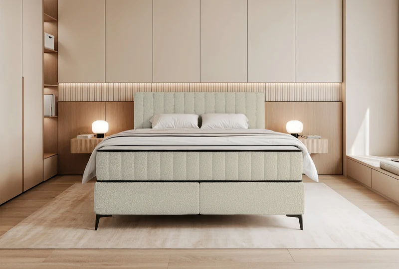 Kontinentales Bett 180x200 cm Mufasso mit Stauraum, hellbeige Bouclé