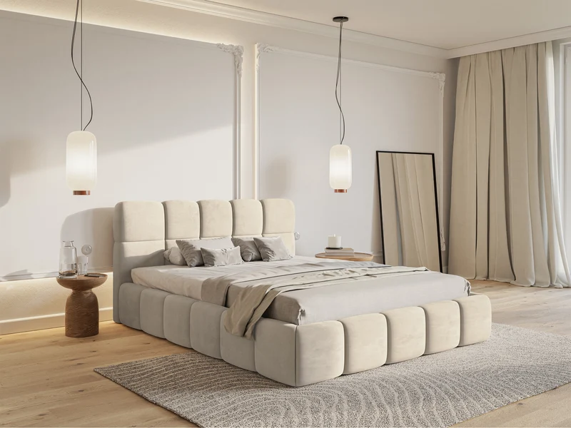 Polsterbett 180x200 cm Cloudy mit Stauraum, hellbeiger Velours, wasserabweisend, pflegeleicht, Metallrahmen