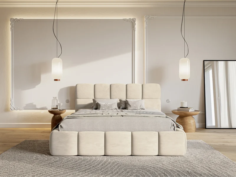 Polsterbett 180x200 cm Cloudy mit Stauraum, hellbeiger Velours, wasserabweisend, pflegeleicht, Metallrahmen