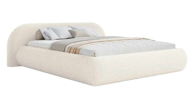 Polsterbett 140x200 cm Shels Low mit Stauraum, Metallrahmen, cremefarbenes Bouclé