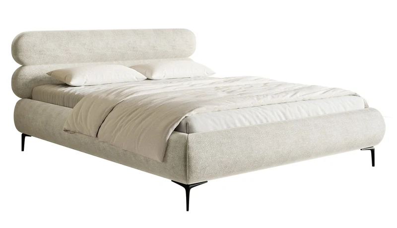 Gepolstertes Bett 160x200 cm Roule mit Stauraum, Metallrahmen, grau-beiger Chenille, schwarze Beine