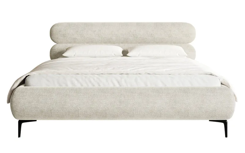 Gepolstertes Bett 160x200 cm Roule mit Stauraum, Metallrahmen, grau-beiger Chenille, schwarze Beine