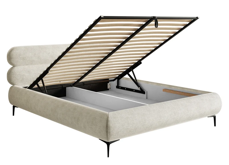 Gepolstertes Bett 160x200 cm Roule mit Stauraum, Metallrahmen, grau-beiger Chenille, schwarze Beine