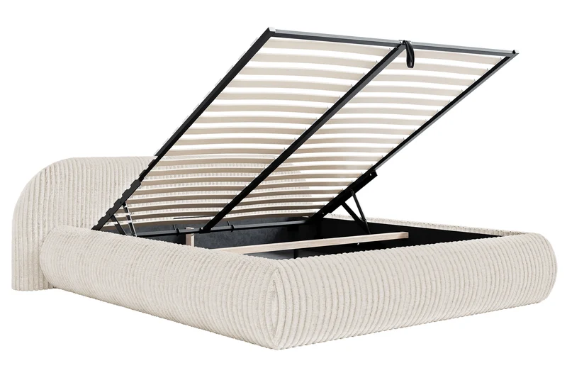 Polsterbett 160x200 cm Shels Low mit Stauraum, Metallrahmen, cremefarben, dicker Cordstoff