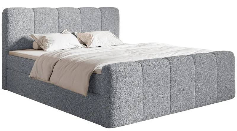 Kontinentalbett 200x200 cm Cloudy II mit Stauraum und Topper, grauer Bouclé