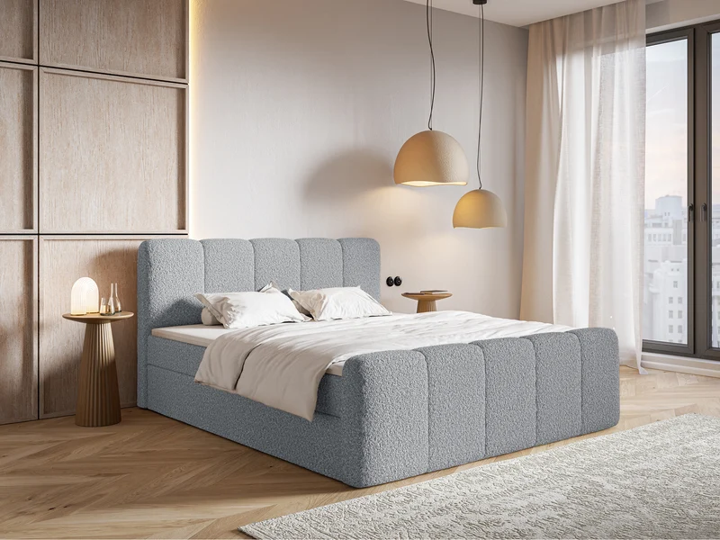 Kontinentalbett 200x200 cm Cloudy II mit Stauraum und Topper, grauer Bouclé