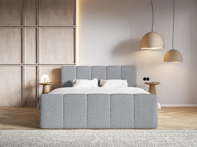 Kontinentalbett 200x200 cm Cloudy II mit Stauraum und Topper, grauer Bouclé