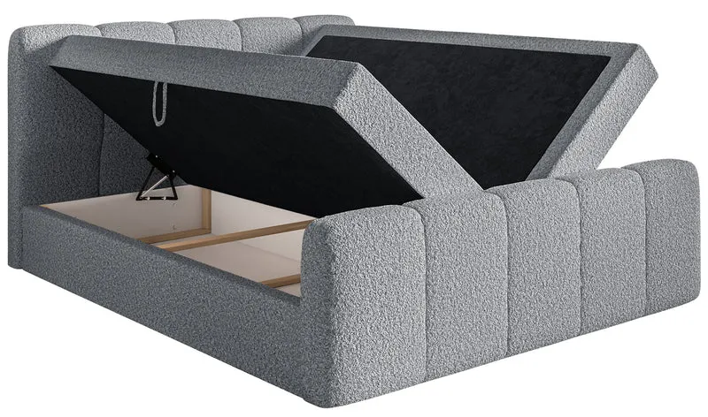 Kontinentalbett 200x200 cm Cloudy II mit Stauraum und Topper, grauer Bouclé