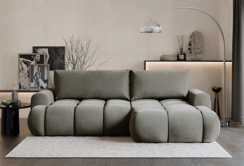 Ecksofa mit Schlaffunktion Ombo Mini, L-förmig, rechtsseitig, mit Stauraum, graubraunes Velours, wasserabweisend