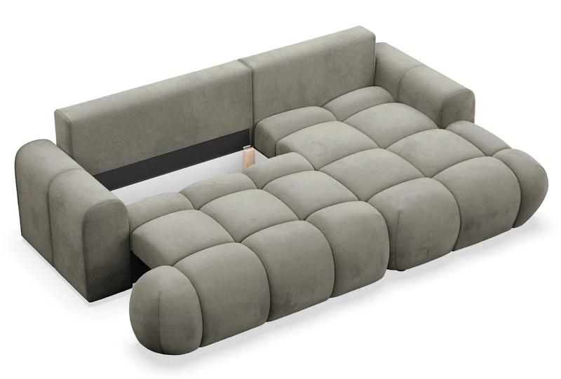 Ecksofa mit Schlaffunktion Ombo Mini, L-förmig, rechtsseitig, mit Stauraum, graubraunes Velours, wasserabweisend
